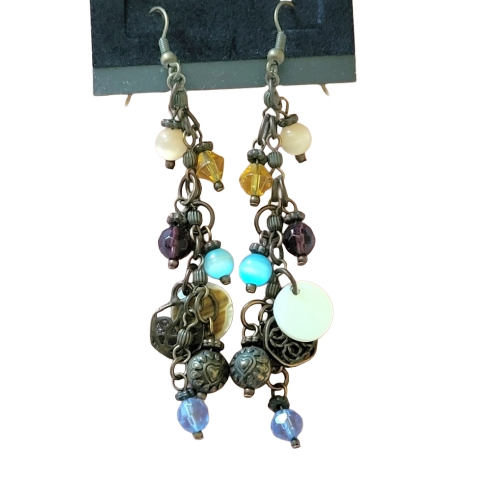 Rustic Boho Bead & Metal  Dangle Pierced Earrings In Blue & Tan